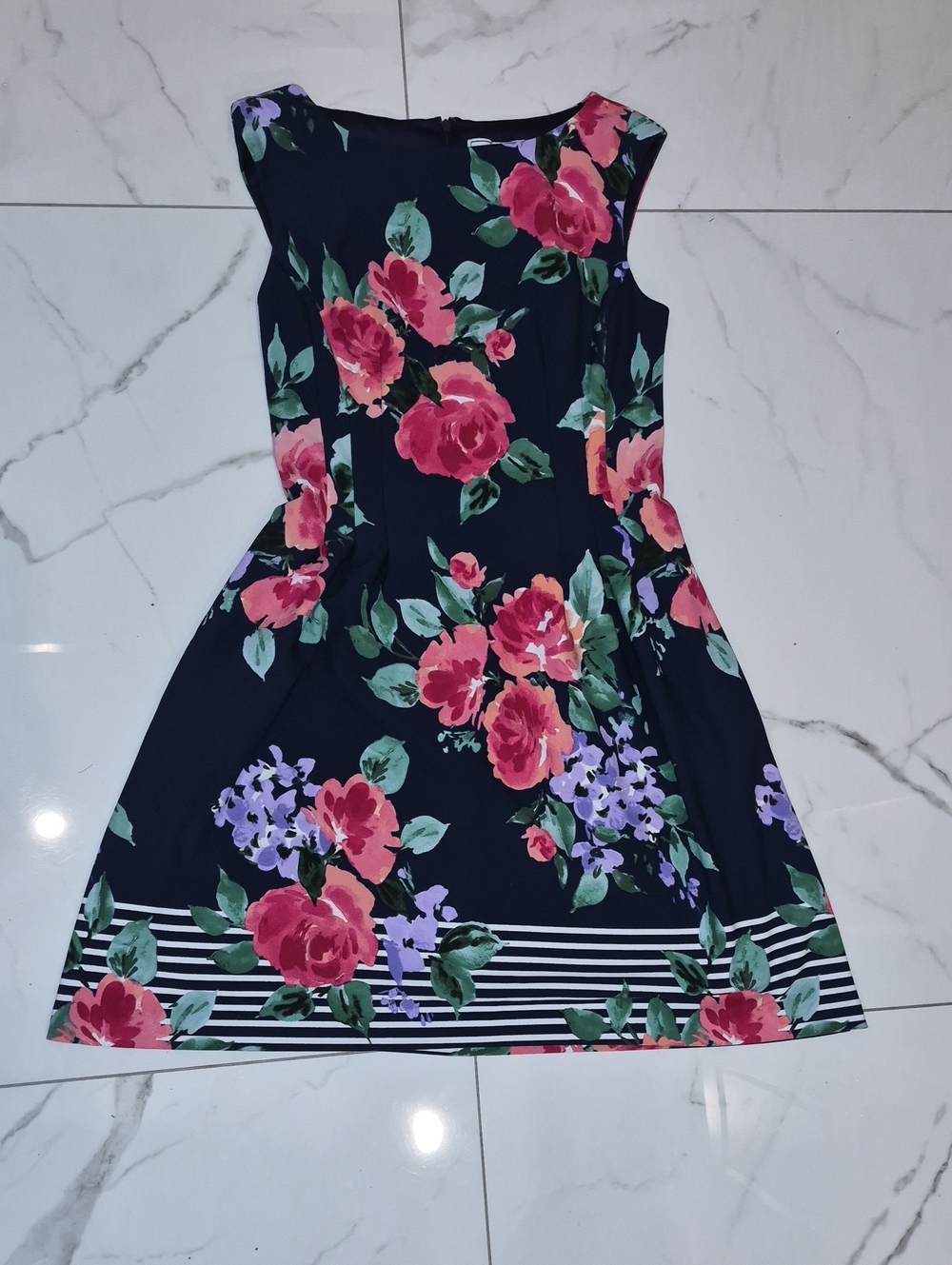 Navy Floral Fit & Flare Dress with Pink Roses